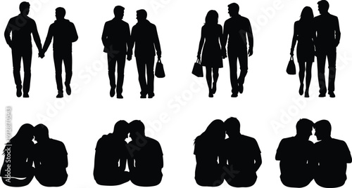 Romantic couple silhouettes walking sitting and embracing isolated on white background love relationship concept vector illustration collection set