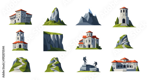 Low poly architecture and nature elements with picturesque landscapes