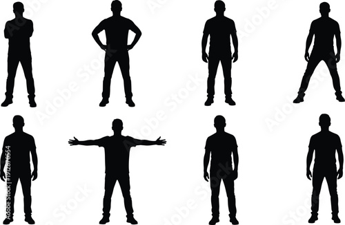 Set of male body silhouettes standing in different poses isolated on white background human figure collection vector illustration reference
