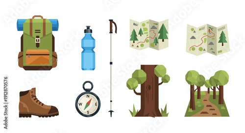Camping and hiking adventure icons in flat design