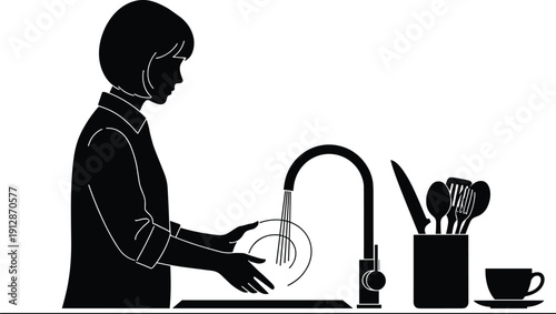 Woman washing dishes in kitchen sink silhouette isolated on white background household chore domestic life vector illustration concept