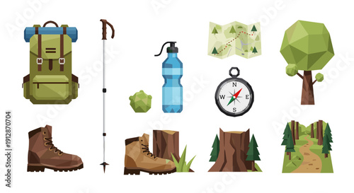 Nature hiking equipment and trail elements in low poly style