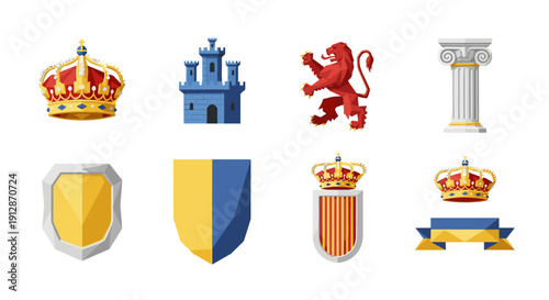 Medieval artifacts collection with crowns, shields, lion, castle, and column in colorful design