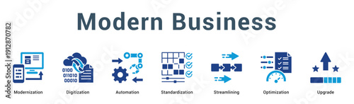 Modern Business  Modern and clean web banner illustration vector featuring thematic icons