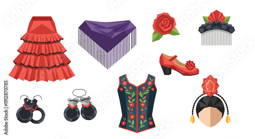 Traditional flamenco fashion elements with floral patterns