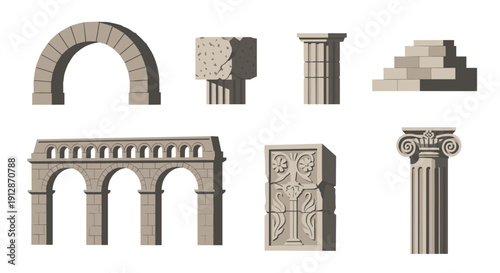 Classical architecture elements: detailed icon set with arches, columns, and reliefs