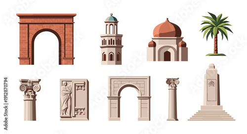 Collection of iconic architectural elements in flat design style