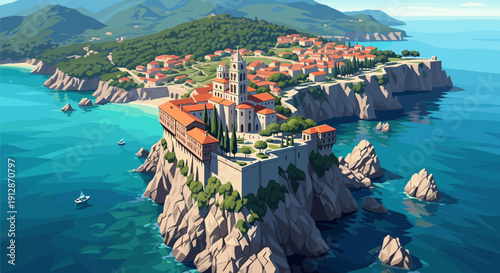 Mediterranean coastal village with mountain backdrop in low poly art style