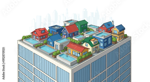 Colorful isometric houses situated atop a modern skyscraper