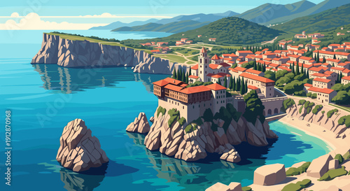 Mediterranean coastal town with hills and ocean view in vibrant colors