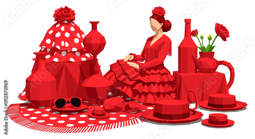 Stylish red flamenco-themed composition with geometric art style