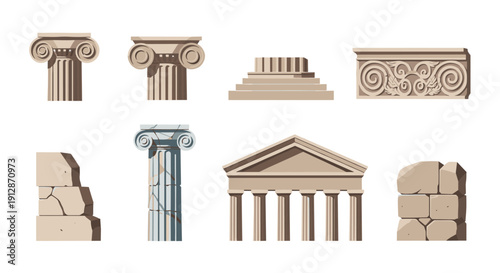 Classic architectural elements set featuring timeless pillars and stone structures in flat style