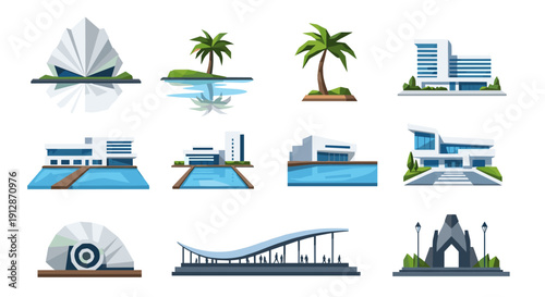 Modern architectural landmarks and green spaces in flat design