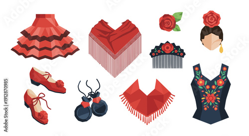 Traditional spanish attire collection with dresses, accessories, and floral motifs