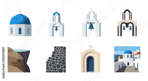 Greek island architecture and landscape icons in flat design set