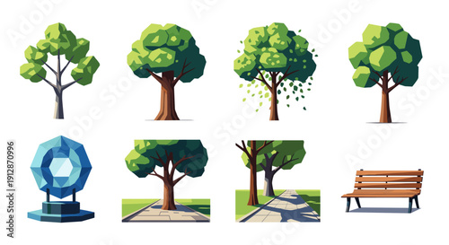 Green city park elements: trees, pathways, and benches in modern flat design