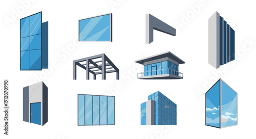 Modern architectural elements collection with glass facades and structures