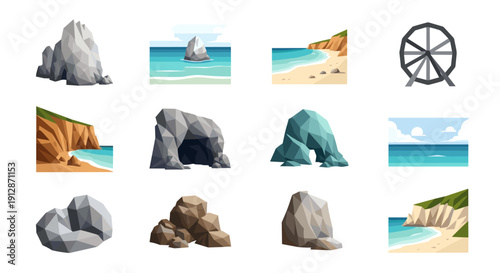 Geometric coastal landscapes and rock formations with minimalist design