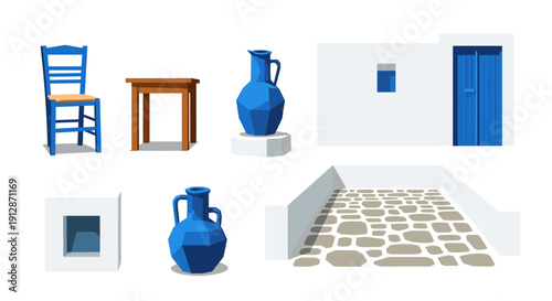 Greek island elements with blue and white motif