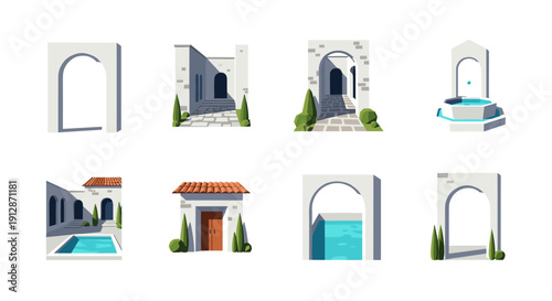 Mediterranean architectural elements with archways and water features in modern design