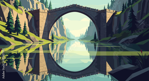 Scenic flat design bridge landscape with mountain reflections and pine trees