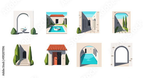 Minimalist mediterranean architecture with courtyards and arches