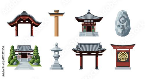 Traditional japanese architecture elements collection featuring pagodas, gates, and lanterns