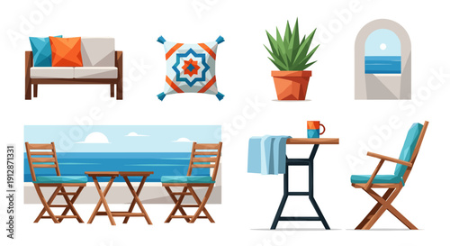 Coastal theme set with furniture, plants, and decor in mediterranean style