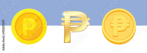 Philippine Peso Gold Coin Vector Set, Currency Symbol Illustrations
