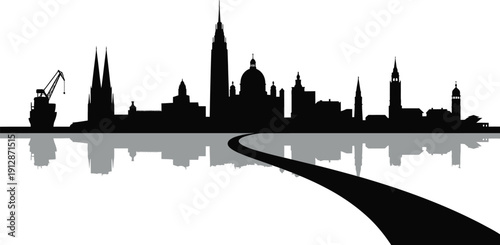 City skyline silhouette with road and water reflection in daytime  urban landscape