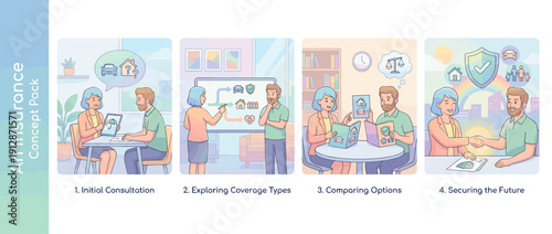 Insurance concept pack featuring four scenes: an agent meeting a client, explaining car and home coverage on a whiteboard, comparing policy options, and a final handshake for a secure future.
