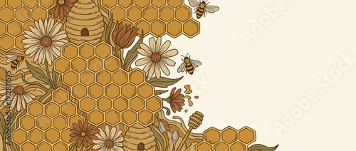 Vintage Hand-Drawn Panoramic Vector Banner Illustration of Beekeeping with Intricate Honeycomb Patterns, Flying Honey Bees, Rustic Beehives, and Blooming Daisies on a Warm Golden Background with Copy