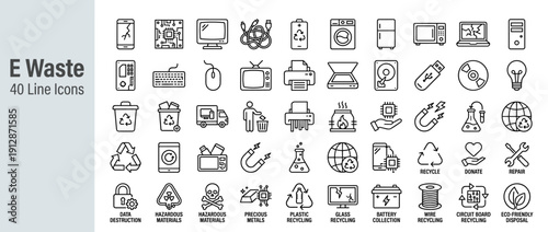 E-Waste Collection and Electronics Recycling Line Icon Set featuring 40 Minimal Vector Symbols for Broken Devices, Hazardous Materials, Battery Disposal, Circuit Boards, and Eco-Friendly Waste