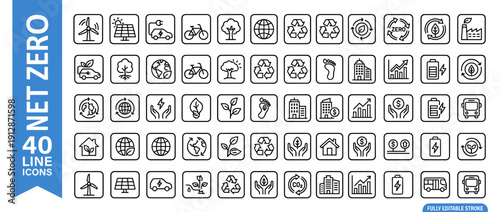Set of 60 Net Zero and Climate Action Line Icons for Sustainable Energy, Green Technology, Carbon Neutrality, Recycling, Renewable Resources, and Eco-Friendly Environment Solutions Vector