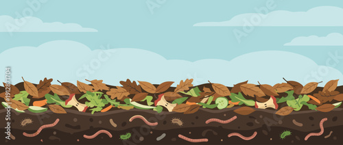 Panoramic Vector Illustration of Composting Process with Soil Layers, Earthworms, Microorganisms, Autumn Leaves, and Organic Food Waste Scraps for Sustainable Gardening and Ecology Education.