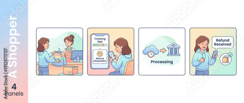 Set of four vector illustrations showing a shopper returning an item at a store, tracking the refund status on a mobile app, bank processing, and receiving a successful refund notification.