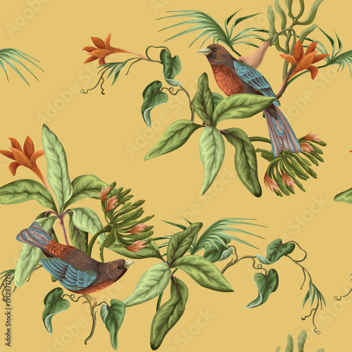Tropical floral birds seamless pattern with exotic jungle botanical illustration vintage
