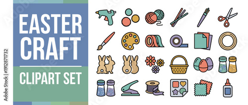 Vector Icon Set of 20 Easter Craft Supplies and DIY Decorations in Bold Filled Outline Style; Featuring Glue Gun, Yarn, Scissors, Paint, Washi Tape, Bunnies, Eggs, Basket, and Glitter Shakers.