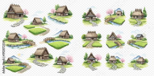 Watercolor illustration set of traditional Japanese houses with thatched roofs, surrounded by nature, cherry blossoms, and stone paths.