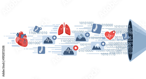A conceptual illustration depicts the intricate flow of medical data, transforming complex health information into streamlined digital insights for advanced analysis.