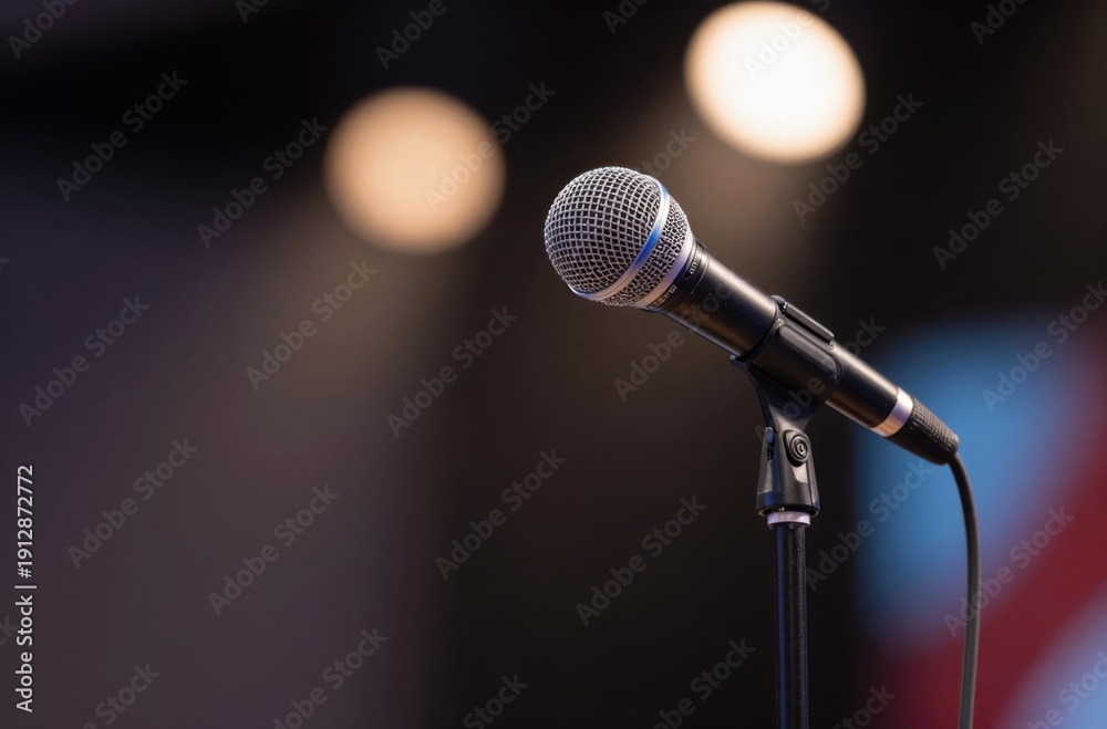 Obraz premium Microphone on Stand Ready for Performance, Public Speaking, or Entertainment Event in Dimly Lit Venue