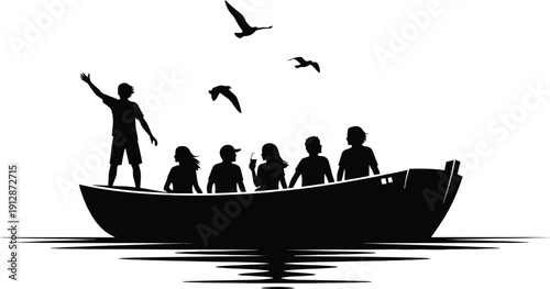 Silhouette of people on a boat with seagulls flying above on water surface