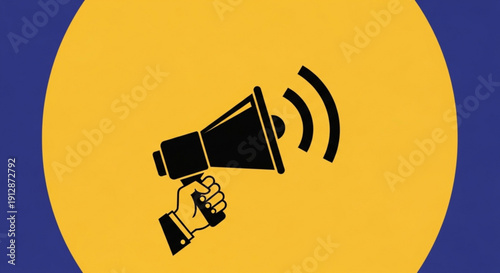 Hand holding megaphone with sound waves on yellow and blue background communication symbol