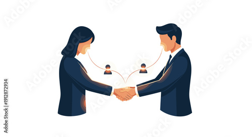 Two professionals, a man and a woman, engage in a handshake, symbolizing successful business collaboration and networking within a corporate environment.