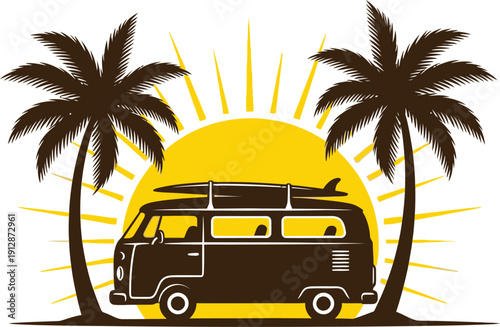 Vintage Camper Van Sunset Beach Vector Illustration