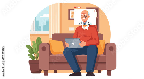 An elderly man comfortably seated on a sofa at home, engaging in a video call with his doctor on a tablet, illustrating modern telehealth and remote healthcare services.