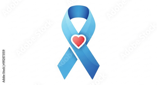 Blue awareness ribbon with red heart symbol on white background for support and charity causes