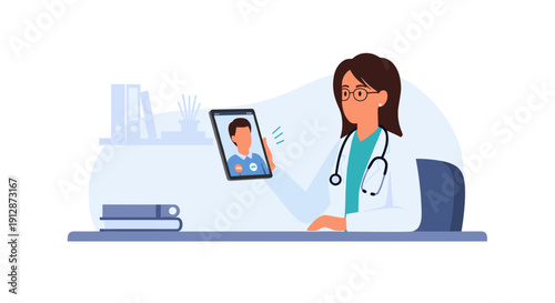 A female doctor in a white coat and glasses consults with a male patient via a telehealth video call on a tablet, offering remote medical care.