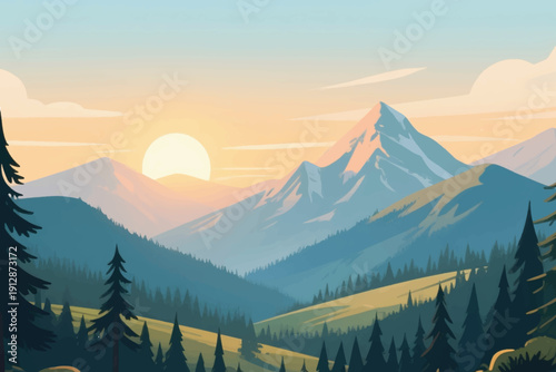 Sunrise mountain landscape with snowy peaks, pine forests, warm gradient sky, and tranquil natural atmosphere.
