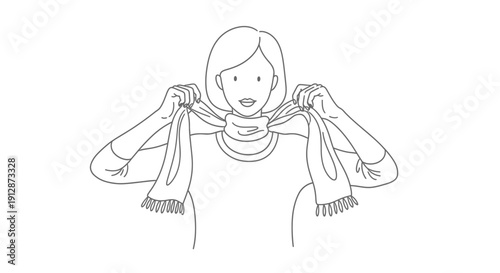 Elegant woman tying a scarf around her neck: fashion illustration and style guide tutorial